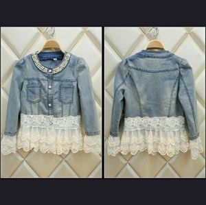 New Women Casual Denim Pearl Lace Jacket